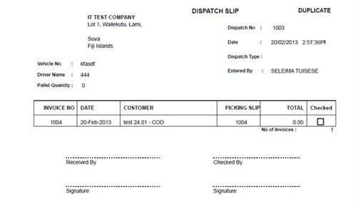 Sample Dispatch Slip Duplicate